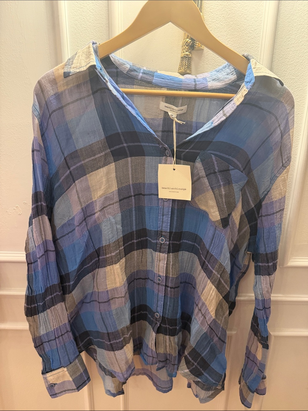 beachlunchlounge Blue and Cream Plaid Button-Up Shirt